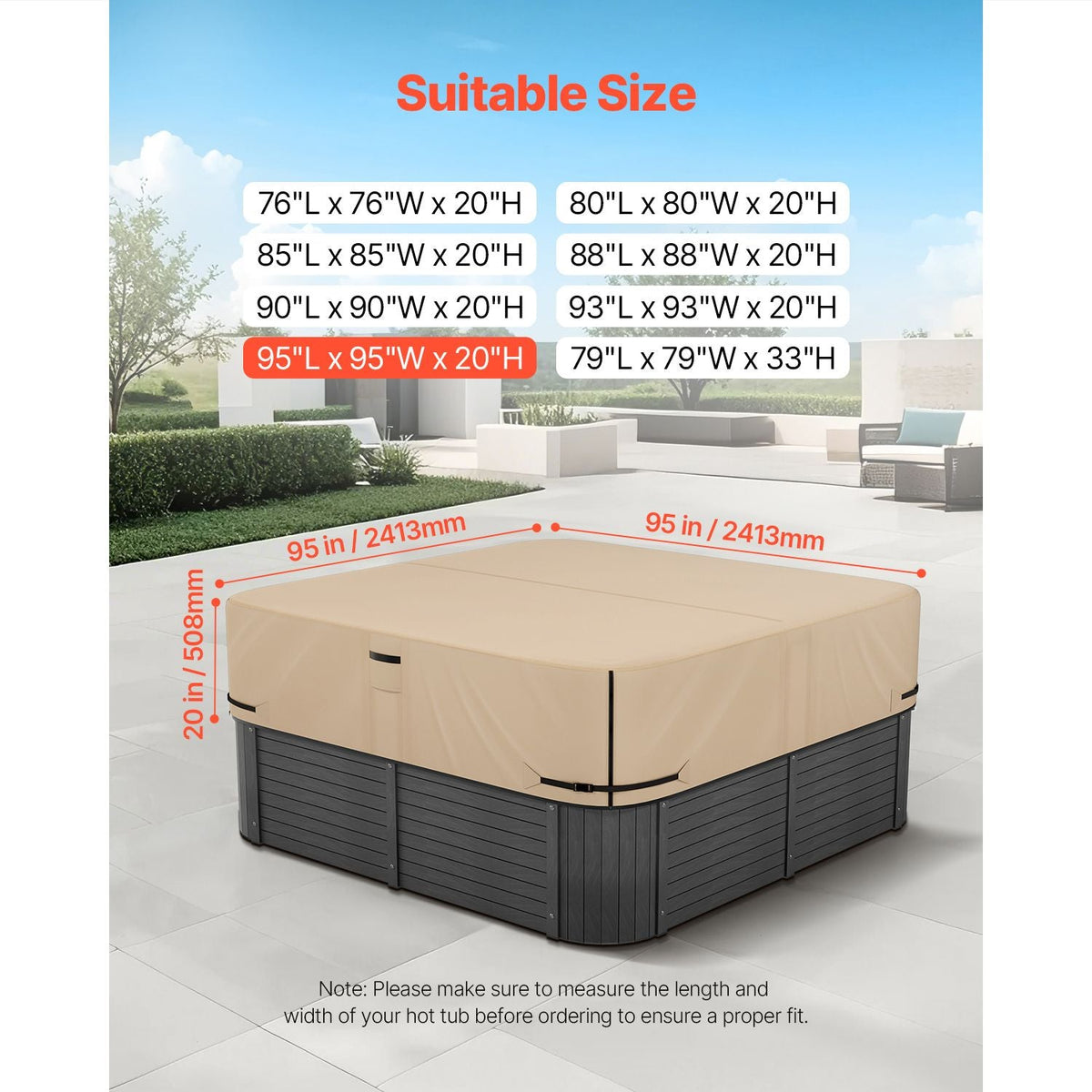 Outdoor Hot Tub Cover, 95 x 95 x 20 Inch Weatherproof and Waterproof Hot Tub Cover Protector, 600D Heavy Duty Oxford Fabric and 950N Tearing Strength, Square Spa Covers for Hottub, Brown