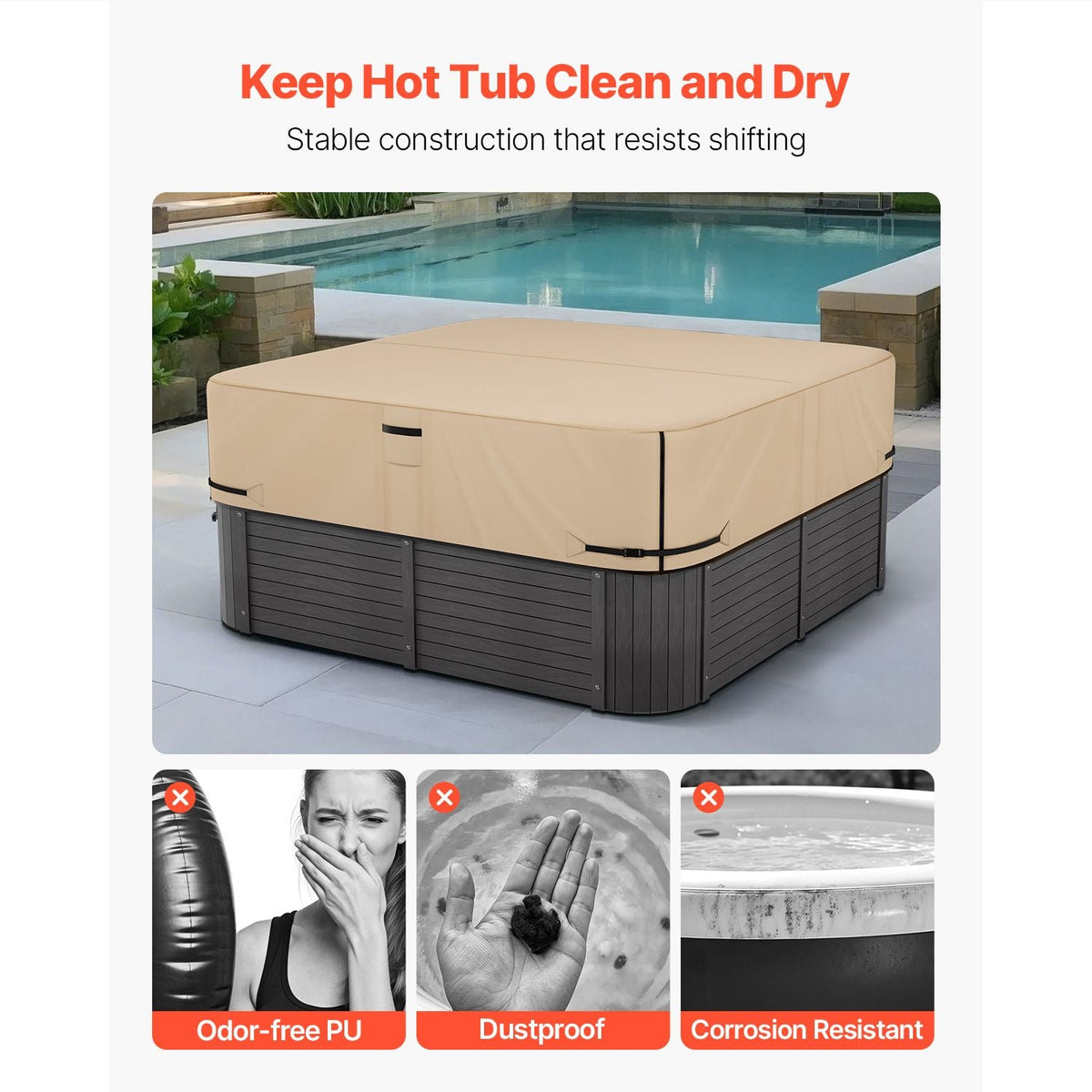 Outdoor Hot Tub Cover, 95 x 95 x 20 Inch Weatherproof and Waterproof Hot Tub Cover Protector, 600D Heavy Duty Oxford Fabric and 950N Tearing Strength, Square Spa Covers for Hottub, Brown