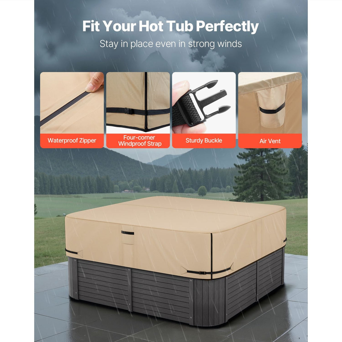 Outdoor Hot Tub Cover, 95 x 95 x 20 Inch Weatherproof and Waterproof Hot Tub Cover Protector, 600D Heavy Duty Oxford Fabric and 950N Tearing Strength, Square Spa Covers for Hottub, Brown