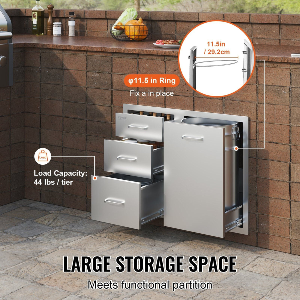 Outdoor Kitchen Door Drawer Combo 29.5" W x 22.6" H x 21.7''D, Access Door/Triple Drawers with Propane Drawer and Adjustable Garbage Ring, Perfect for BBQ Island Patio Grill Station