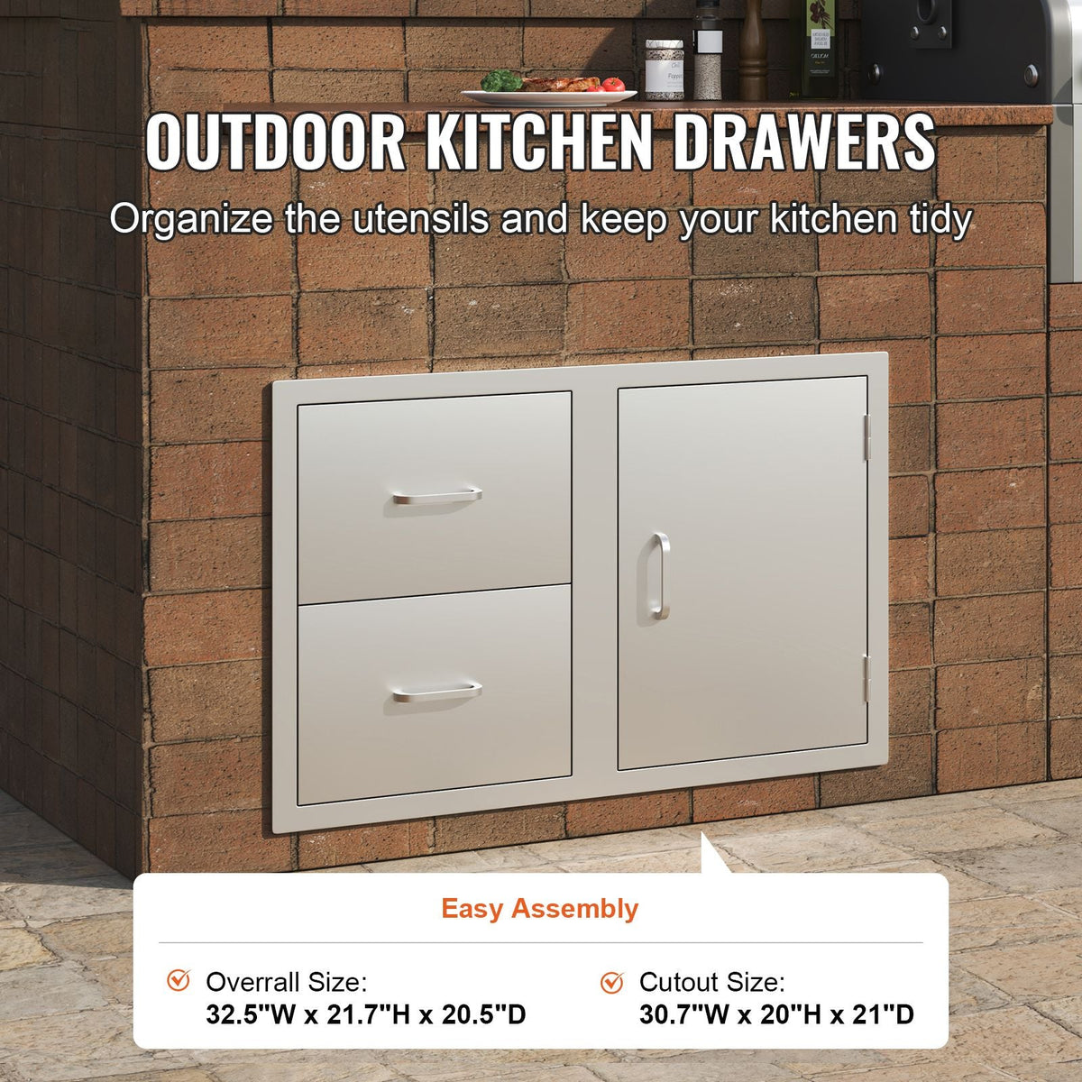 Outdoor Kitchen Door Drawer Combo 32.5" W x 21.6" H x 20.5''D, Access Door/Double Drawers with Paper Towel Rack, BBQ Island Drawers with Stainless Steel Handles for Outdoor Kitchen