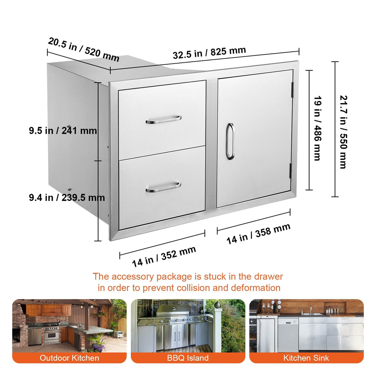 Outdoor Kitchen Door Drawer Combo 32.5" W x 21.6" H x 20.5''D, Access Door/Double Drawers with Paper Towel Rack, BBQ Island Drawers with Stainless Steel Handles for Outdoor Kitchen
