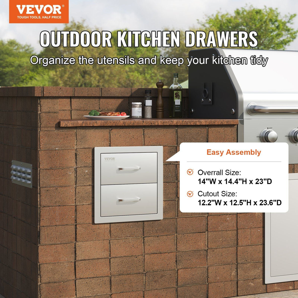 Outdoor Kitchen Drawers 14W x 14.4H x 23D Inch, Flush Mount Double BBQ Drawers Stainless Steel with Handle, BBQ Island Drawers for Outdoor Kitchens or Grill Station