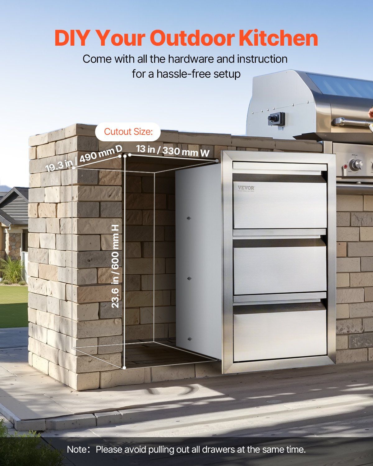 Outdoor Kitchen Drawers 15" W x 25.4" H x 19" D, Box Frame Style Flush Mount BBQ Drawers with Stainless Steel Handle, BBQ Island Drawers for Outdoor Kitchens or Patio Grill Station