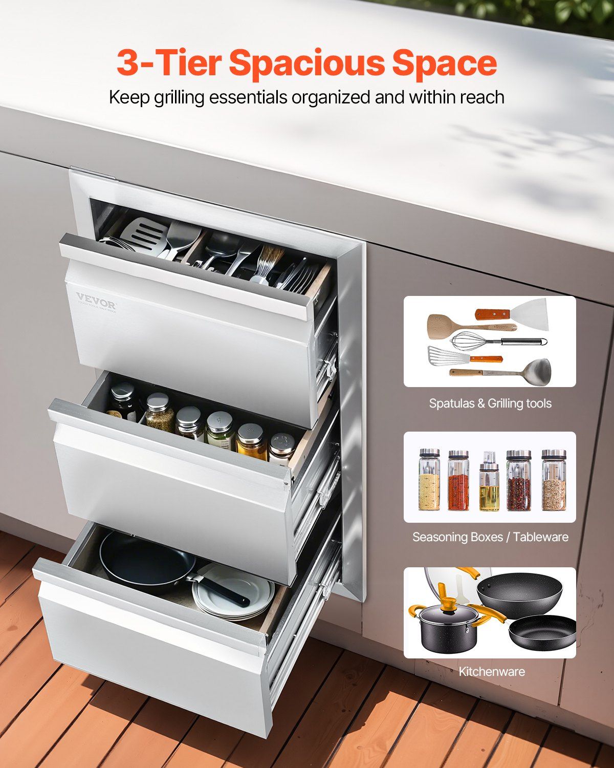 Outdoor Kitchen Drawers 15" W x 25.4" H x 19" D, Box Frame Style Flush Mount BBQ Drawers with Stainless Steel Handle, BBQ Island Drawers for Outdoor Kitchens or Patio Grill Station