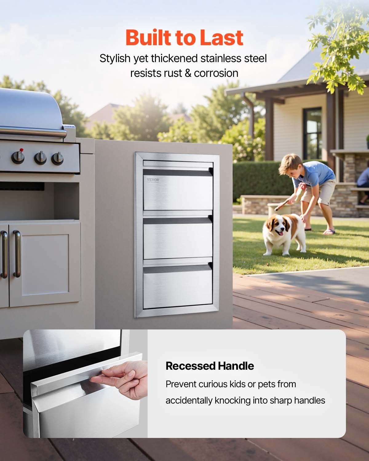 Outdoor Kitchen Drawers 15" W x 25.4" H x 19" D, Box Frame Style Flush Mount BBQ Drawers with Stainless Steel Handle, BBQ Island Drawers for Outdoor Kitchens or Patio Grill Station