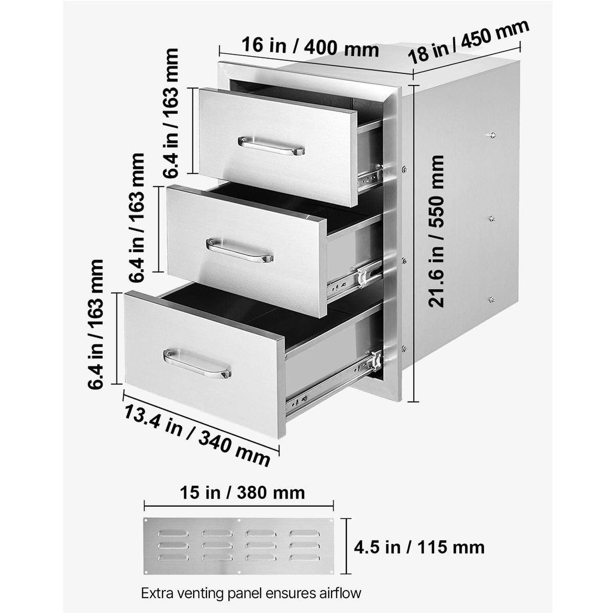 Outdoor Kitchen Drawers 16" W x 21.5" H x 18" D, Flush Mount Triple Access BBQ Drawers with Stainless Steel Handle, BBQ Island Drawers for Outdoor Kitchens or BBQ Island Patio Grill Station
