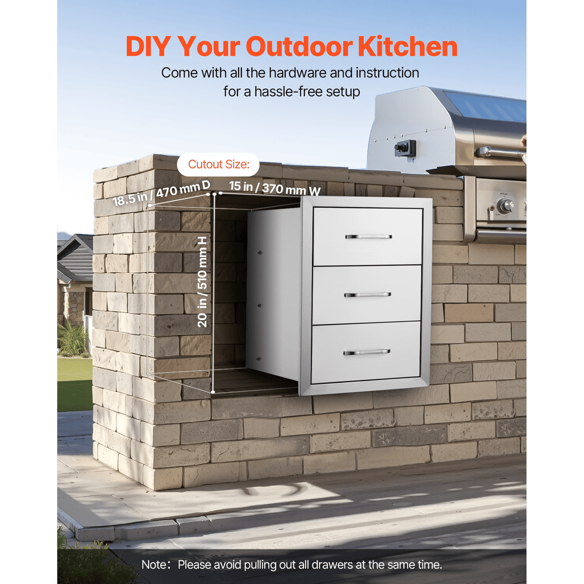 Outdoor Kitchen Drawers 16" W x 21.5" H x 18" D, Flush Mount Triple Access BBQ Drawers with Stainless Steel Handle, BBQ Island Drawers for Outdoor Kitchens or BBQ Island Patio Grill Station