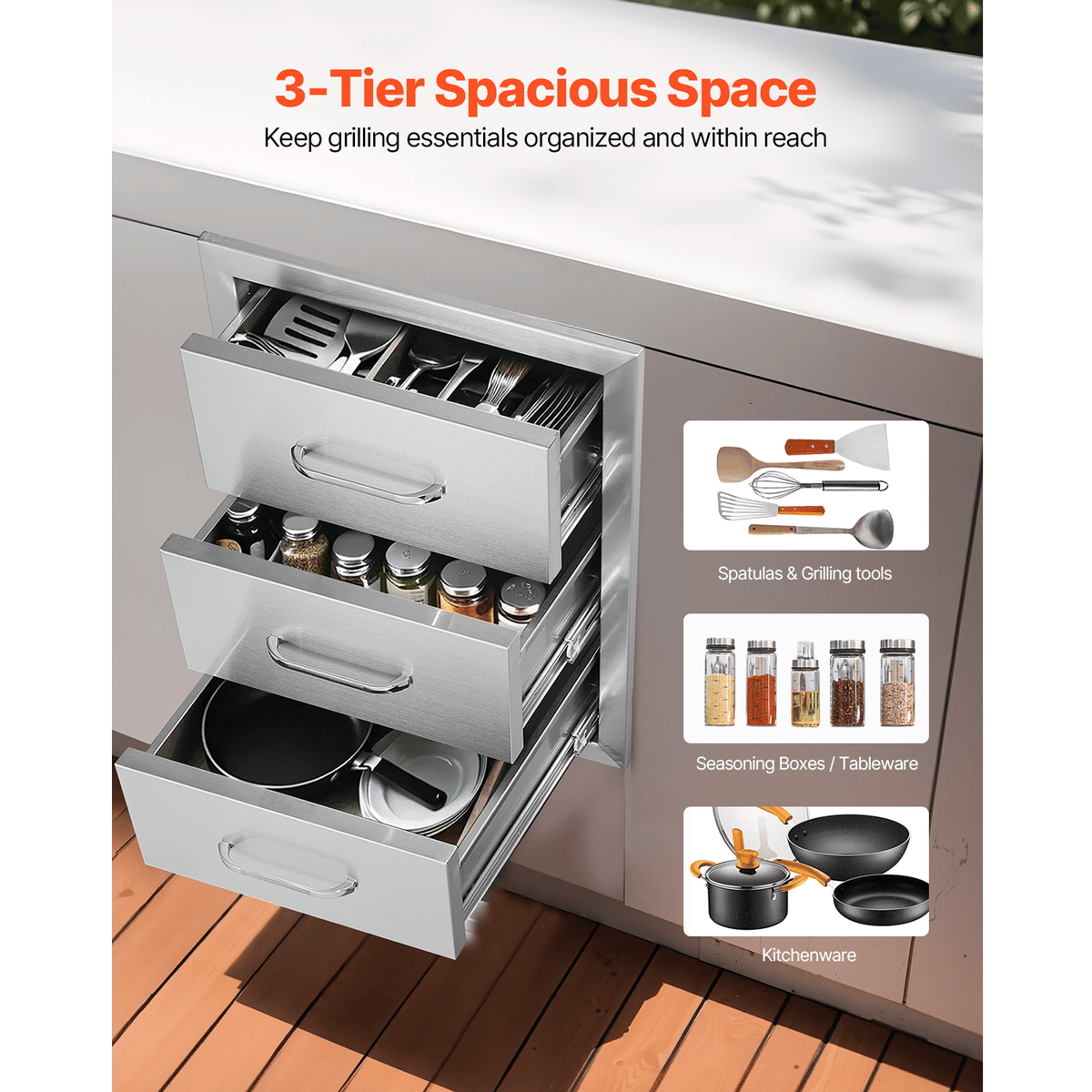 Outdoor Kitchen Drawers 16" W x 21.5" H x 18" D, Flush Mount Triple Access BBQ Drawers with Stainless Steel Handle, BBQ Island Drawers for Outdoor Kitchens or BBQ Island Patio Grill Station
