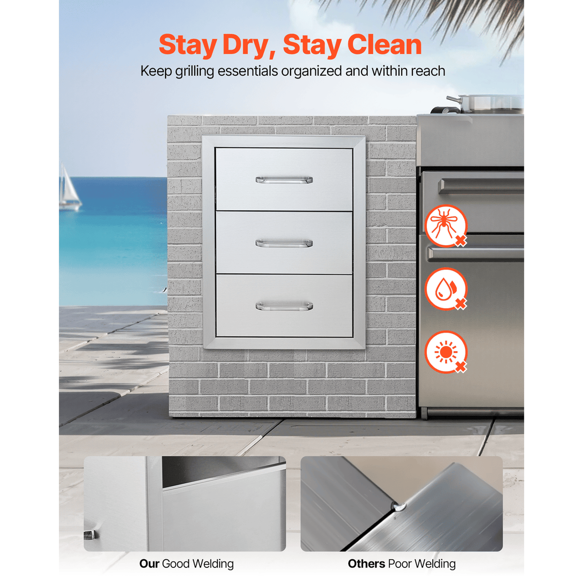 Outdoor Kitchen Drawers 16" W x 21.5" H x 18" D, Flush Mount Triple Access BBQ Drawers with Stainless Steel Handle, BBQ Island Drawers for Outdoor Kitchens or BBQ Island Patio Grill Station