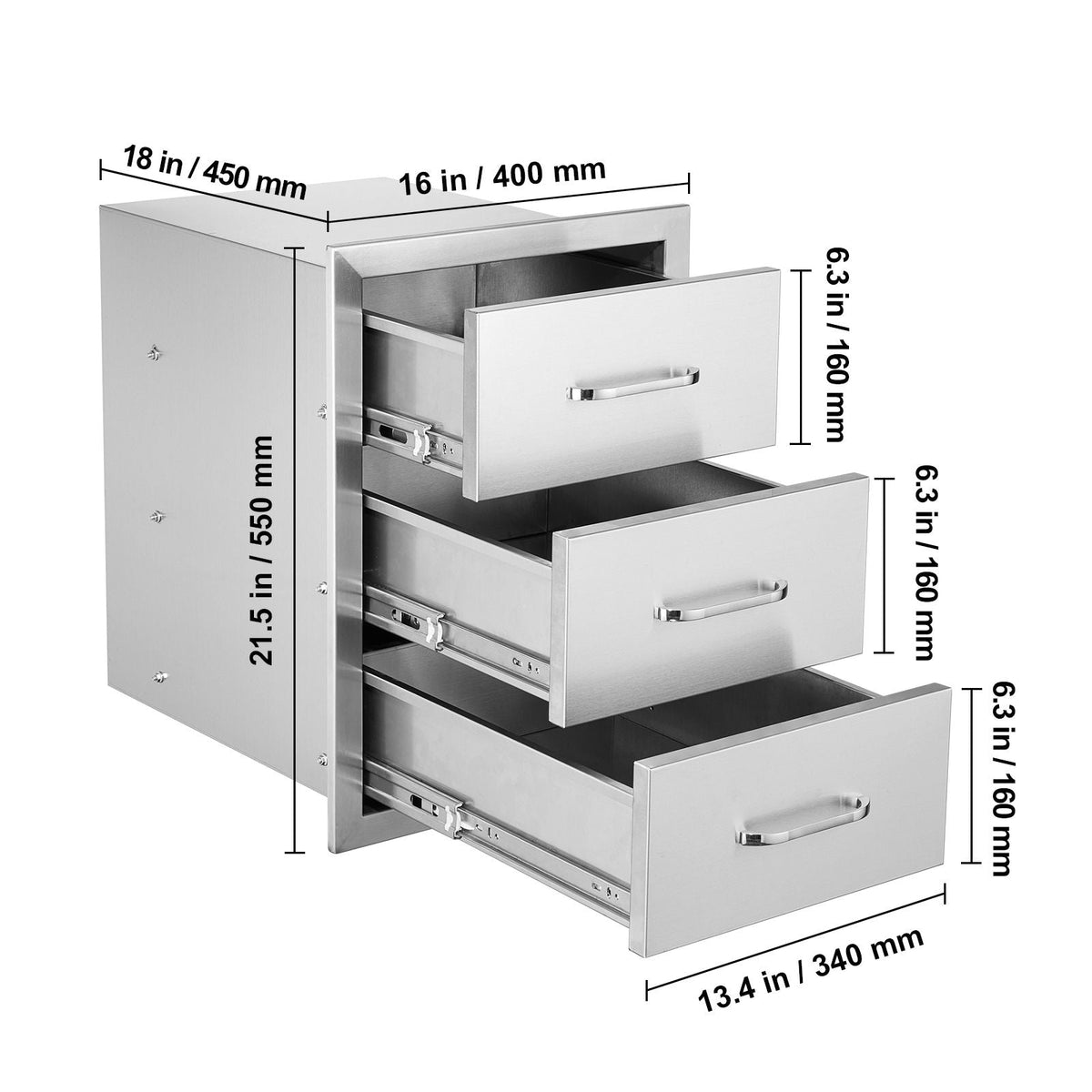 Outdoor Kitchen Drawers 16" W x 21.5" H x 18" D, Flush Mount Triple Access BBQ Drawers with Stainless Steel Handle, BBQ Island Drawers for Outdoor Kitchens or BBQ Island Patio Grill Station
