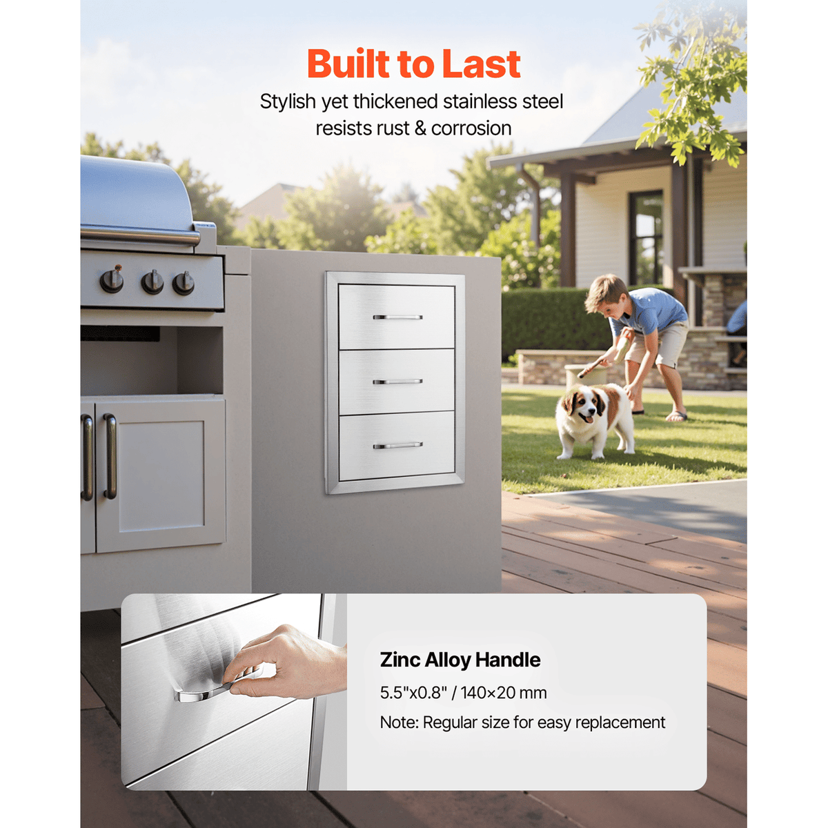 Outdoor Kitchen Drawers 16" W x 21.5" H x 18" D, Flush Mount Triple Access BBQ Drawers with Stainless Steel Handle, BBQ Island Drawers for Outdoor Kitchens or BBQ Island Patio Grill Station