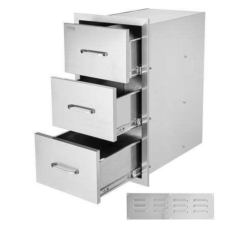 Outdoor Kitchen Drawers 16" W x 28.5" H x 20.5" D, Flush Mount Triple Access BBQ Drawers Stainless Steel with Handle, BBQ Island Drawers for Outdoor Kitchens or Patio Grill Station