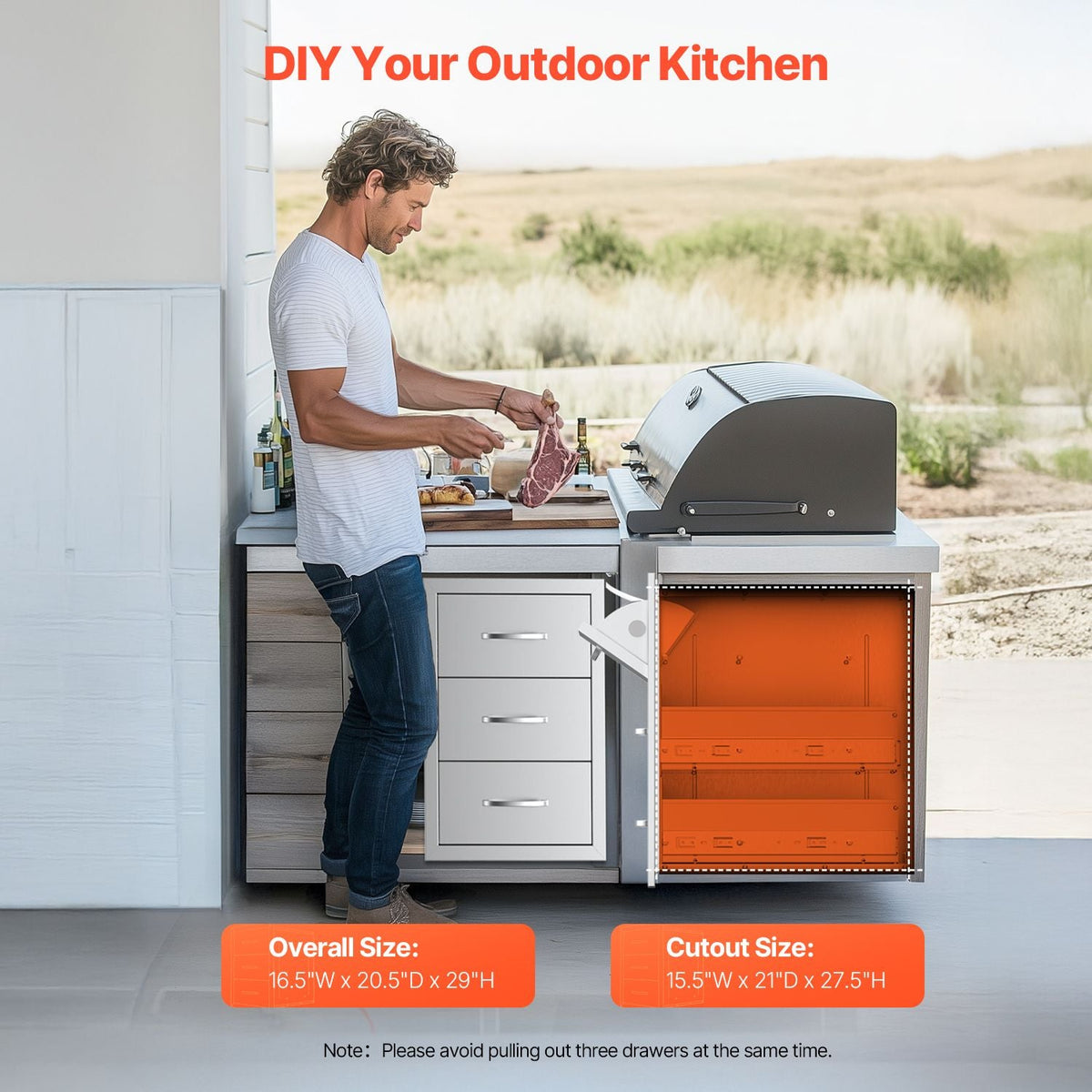 Outdoor Kitchen Drawers, 16.5"W x 29"H x 20.5"D Triple Access Drawers, Stainless Steel Flush Mount Cabinets, BBQ Island Drawers Storage with Paper Towel Holder & Handle, for Patio Grill Station