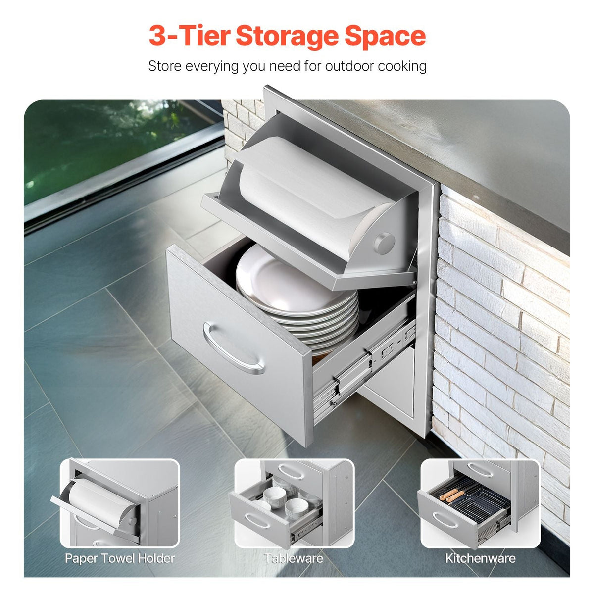 Outdoor Kitchen Drawers, 16.5"W x 29"H x 20.5"D Triple Access Drawers, Stainless Steel Flush Mount Cabinets, BBQ Island Drawers Storage with Paper Towel Holder & Handle, for Patio Grill Station