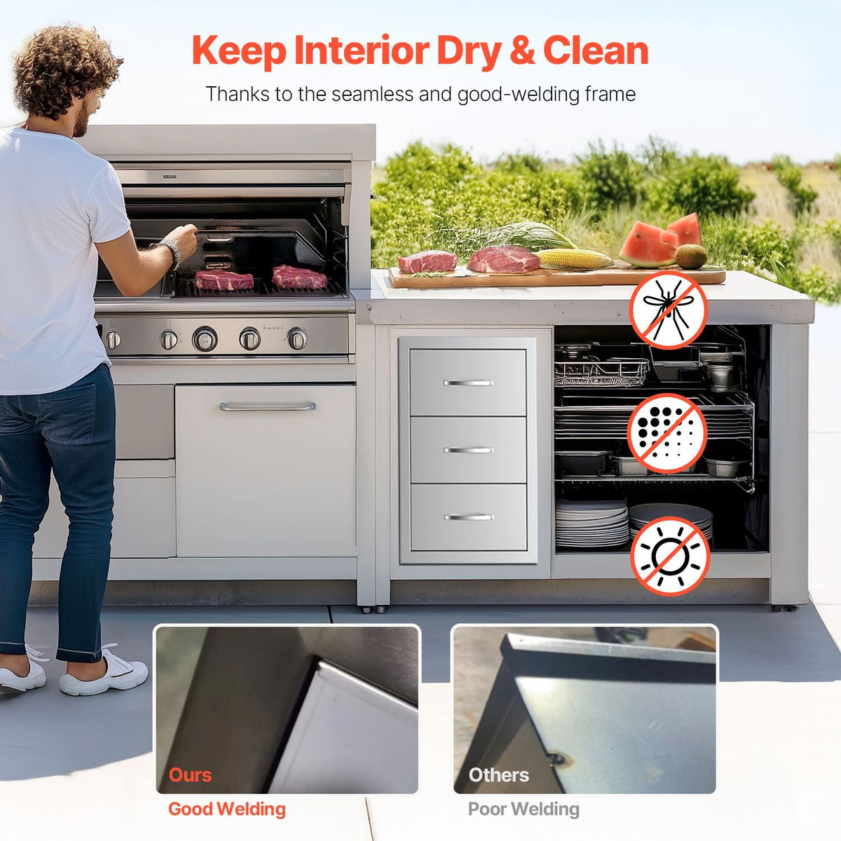 Outdoor Kitchen Drawers, 16.5"W x 29"H x 20.5"D Triple Access Drawers, Stainless Steel Flush Mount Cabinets, BBQ Island Drawers Storage with Paper Towel Holder & Handle, for Patio Grill Station