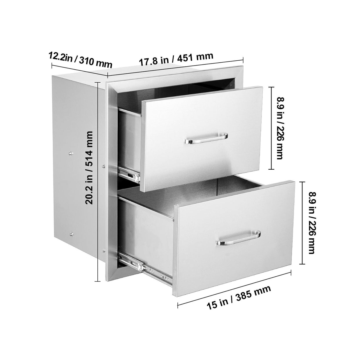 Outdoor Kitchen Drawers 17.8W x 20.2H x 12.2D Inch, Flush Mount Double BBQ Drawers Stainless Steel with Handle, BBQ Island Drawers for Outdoor Kitchens or Patio Grill Station