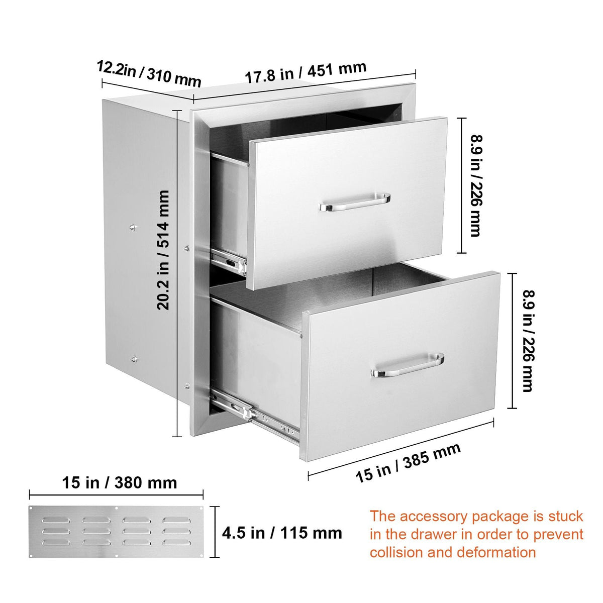 Outdoor Kitchen Drawers 17.8W x 20.2H x 12.2D Inch, Flush Mount Double BBQ Drawers Stainless Steel with Handle, BBQ Island Drawers for Outdoor Kitchens or Patio Grill Station