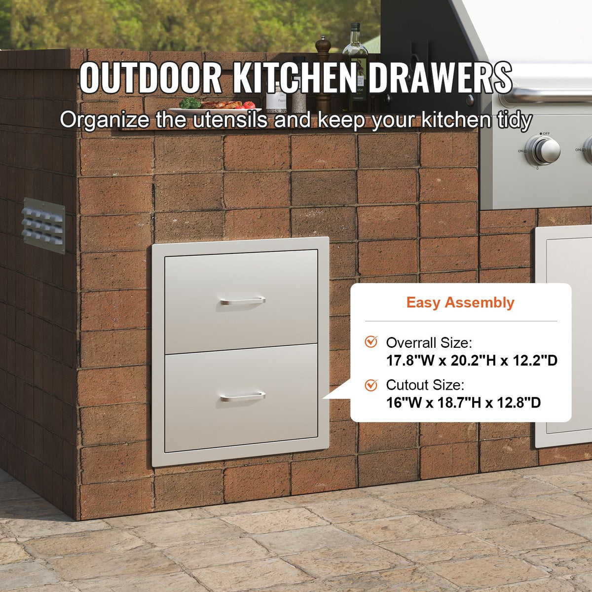 Outdoor Kitchen Drawers 17.8W x 20.2H x 12.2D Inch, Flush Mount Double BBQ Drawers Stainless Steel with Handle, BBQ Island Drawers for Outdoor Kitchens or Patio Grill Station
