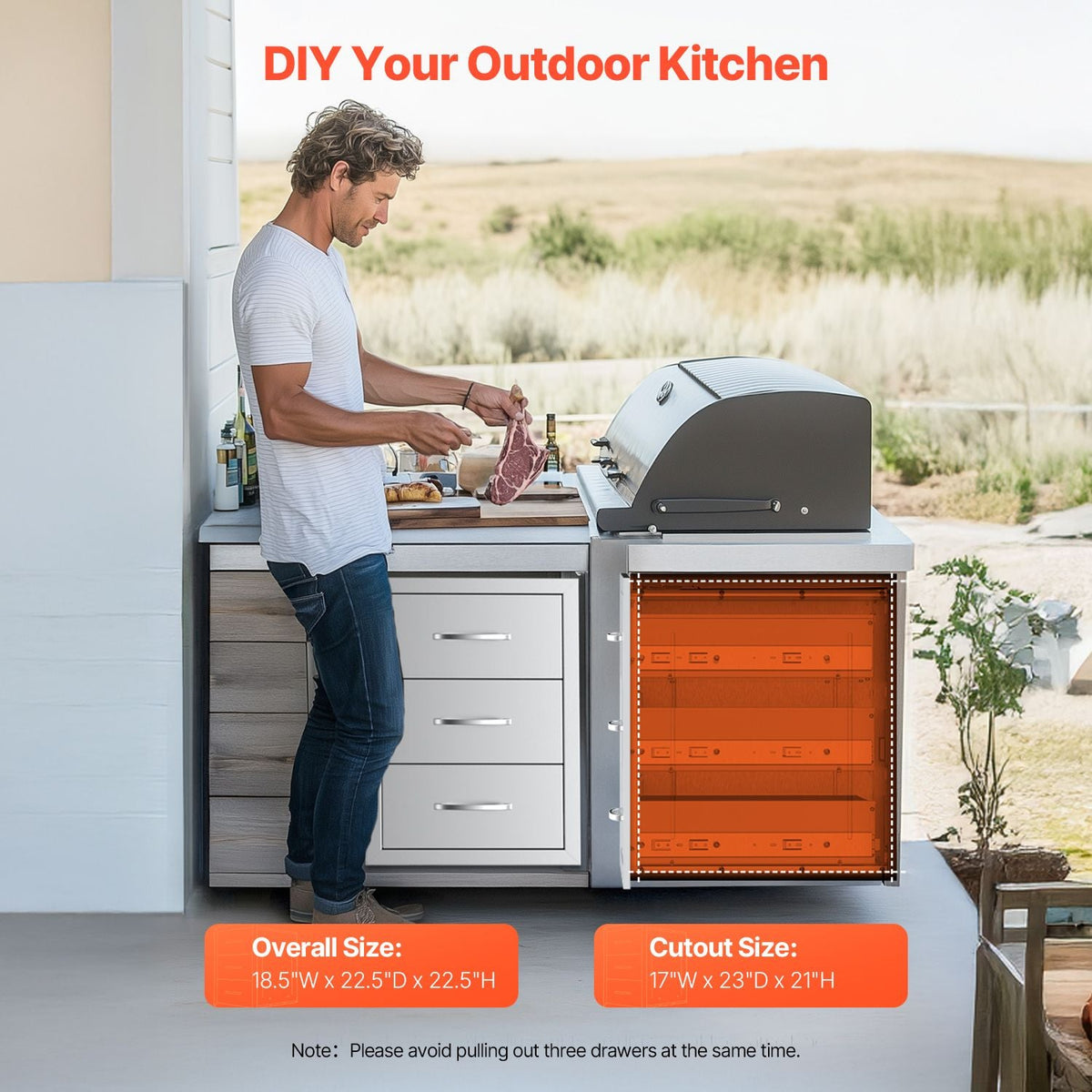 Outdoor Kitchen Drawers, 18.5"W x 22.5"H x 22.5"D Triple Access Drawers, Stainless Steel Flush Mount Cabinets, BBQ Island Drawers Storage with Handle, for Outdoor Kitchens or Patio Grill Station