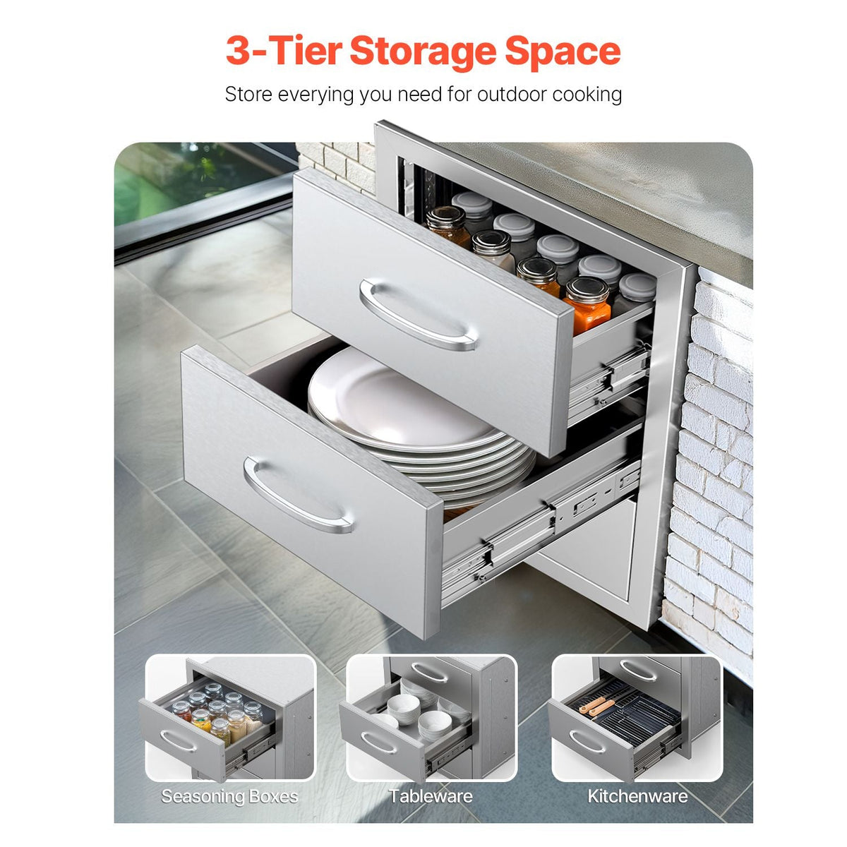 Outdoor Kitchen Drawers, 18.5"W x 22.5"H x 22.5"D Triple Access Drawers, Stainless Steel Flush Mount Cabinets, BBQ Island Drawers Storage with Handle, for Outdoor Kitchens or Patio Grill Station