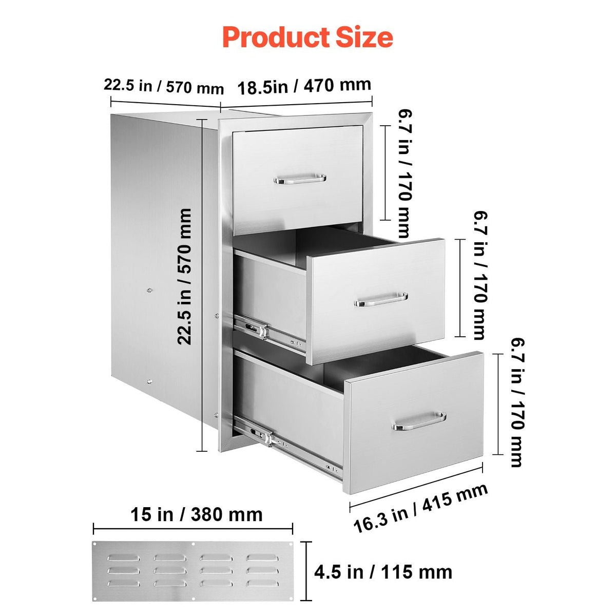 Outdoor Kitchen Drawers, 18.5"W x 22.5"H x 22.5"D Triple Access Drawers, Stainless Steel Flush Mount Cabinets, BBQ Island Drawers Storage with Handle, for Outdoor Kitchens or Patio Grill Station