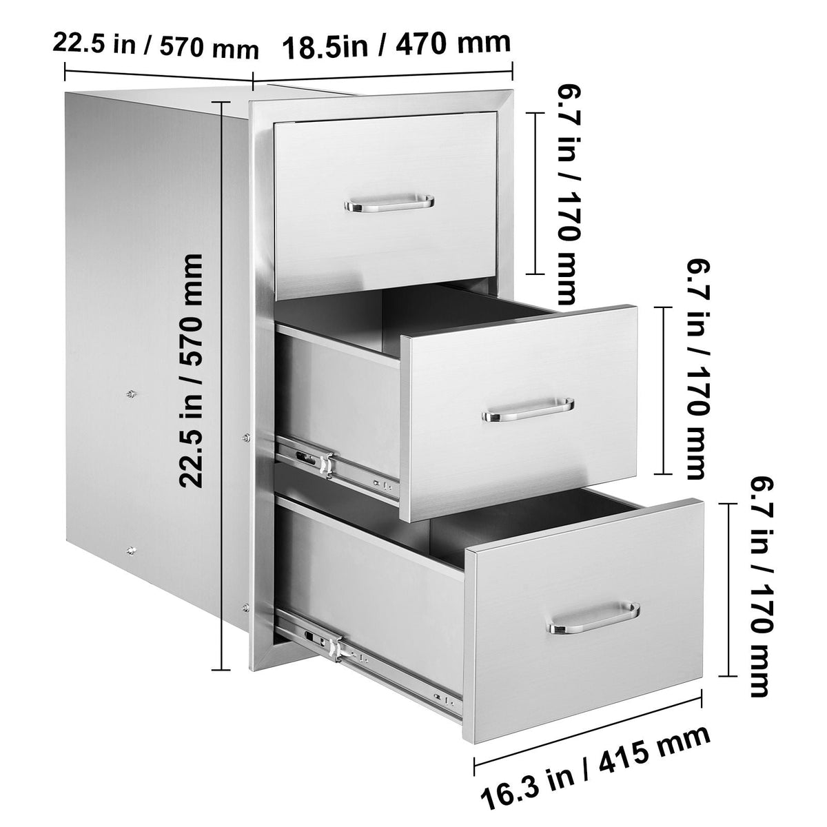 Outdoor Kitchen Drawers, 18.5"W x 22.5"H x 22.5"D Triple Access Drawers, Stainless Steel Flush Mount Cabinets, BBQ Island Drawers Storage with Handle, for Outdoor Kitchens or Patio Grill Station