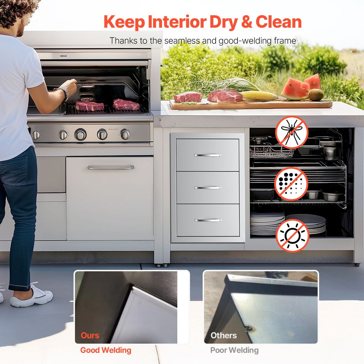 Outdoor Kitchen Drawers, 18.5"W x 22.5"H x 22.5"D Triple Access Drawers, Stainless Steel Flush Mount Cabinets, BBQ Island Drawers Storage with Handle, for Outdoor Kitchens or Patio Grill Station