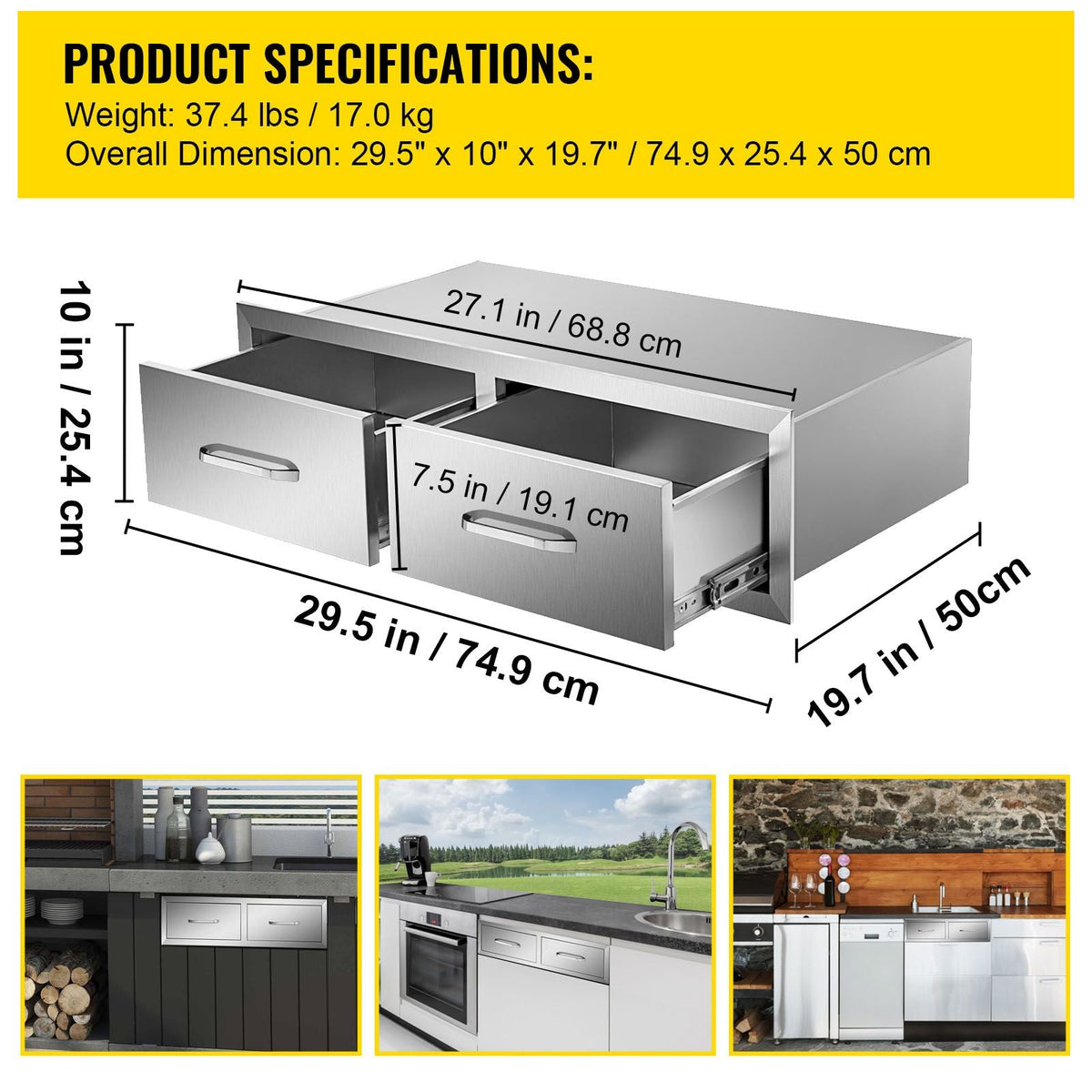 Outdoor Kitchen Drawers 30" W x 10" H x 20" D, Horizontal Double BBQ Access Drawers Stainless Steel with Handle, BBQ Island Drawers for Outdoor Kitchens or Patio Grill Station