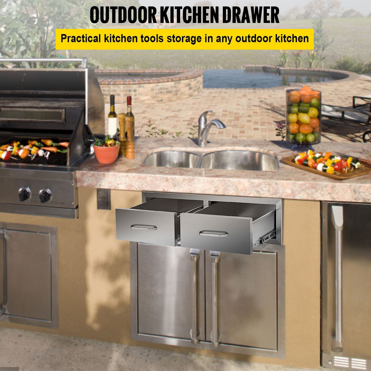 Outdoor Kitchen Drawers 30" W x 10" H x 20" D, Horizontal Double BBQ Access Drawers Stainless Steel with Handle, BBQ Island Drawers for Outdoor Kitchens or Patio Grill Station