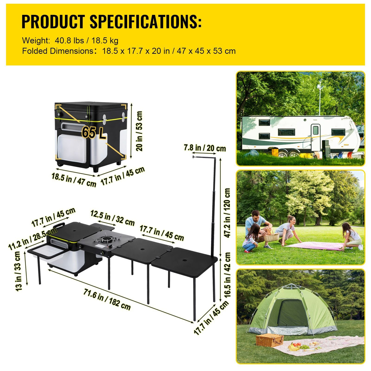 Outdoor Mobile Kitchen, Portable Multifunctional Camp Box with Wheels All in One Integrated Cooking Station with Windproof Stove, Folding Tables Storage Organizer, Black