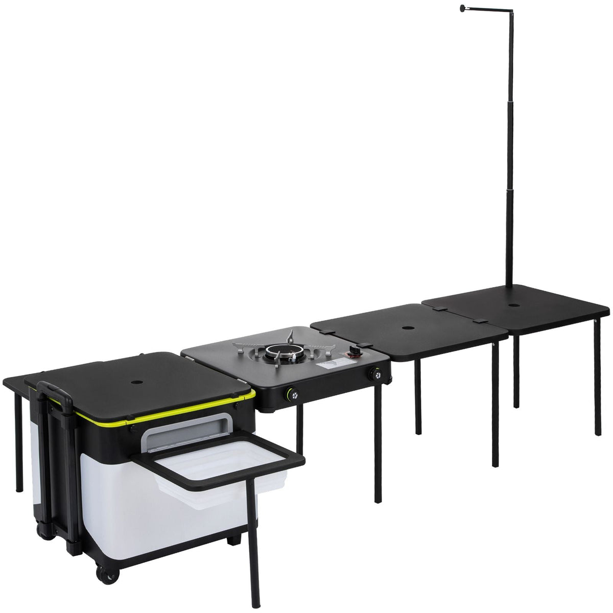 Outdoor Mobile Kitchen, Portable Multifunctional Camp Box with Wheels All in One Integrated Cooking Station with Windproof Stove, Folding Tables Storage Organizer, Black