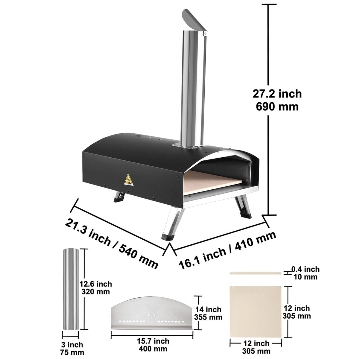 Outdoor Oven 12-inch Pellet and Charcoal Fired Maker, Portable Outside Stainless Steel Grill with Pizza Stone, Waterproof Cover, Shovel, Wood Burner for Backyard Camping, Black