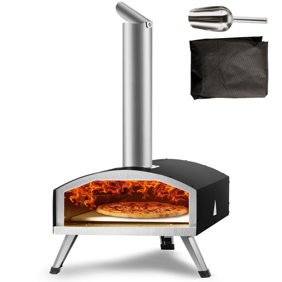 Outdoor Oven 12-inch Pellet and Charcoal Fired Maker, Portable Outside Stainless Steel Grill with Pizza Stone, Waterproof Cover, Shovel, Wood Burner for Backyard Camping, Black