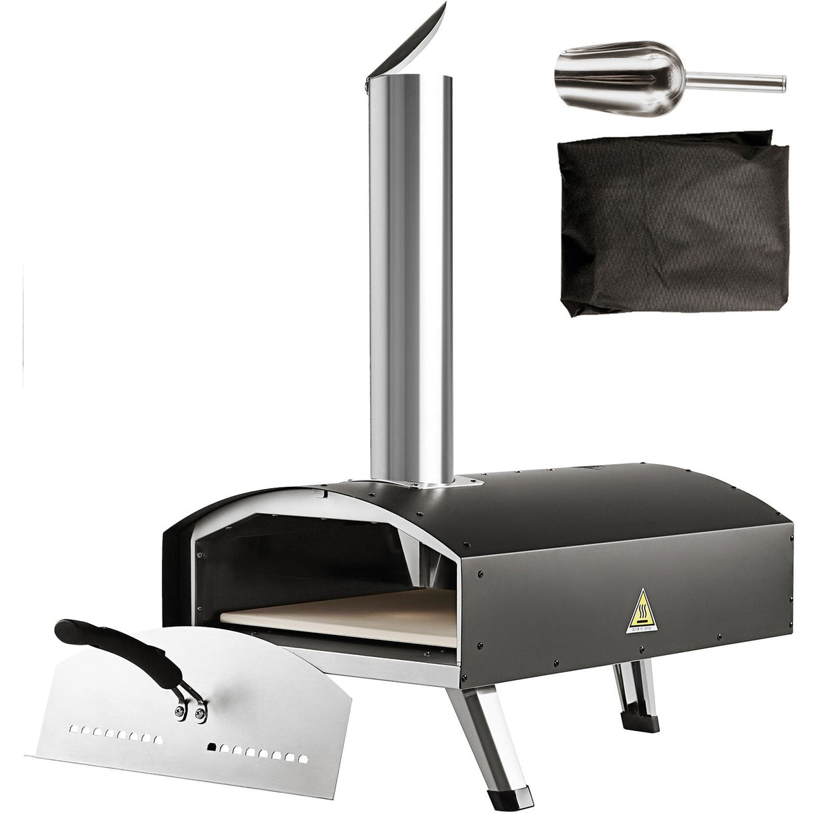 Outdoor Oven 12-inch Pellet and Charcoal Fired Maker, Portable Outside Stainless Steel Grill with Pizza Stone, Waterproof Cover, Shovel, Wood Burner for Backyard Camping, Black