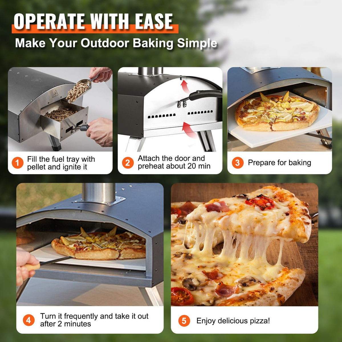 Outdoor Oven 12-inch Pellet and Charcoal Fired Maker, Portable Outside Stainless Steel Grill with Pizza Stone, Waterproof Cover, Shovel, Wood Burner for Backyard Camping, Black