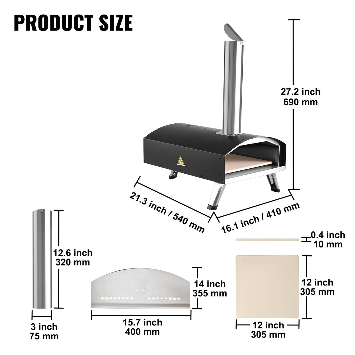 Outdoor Oven 12-inch Pellet and Charcoal Fired Maker, Portable Outside Stainless Steel Grill with Pizza Stone, Waterproof Cover, Shovel, Wood Burner for Backyard Camping, Black