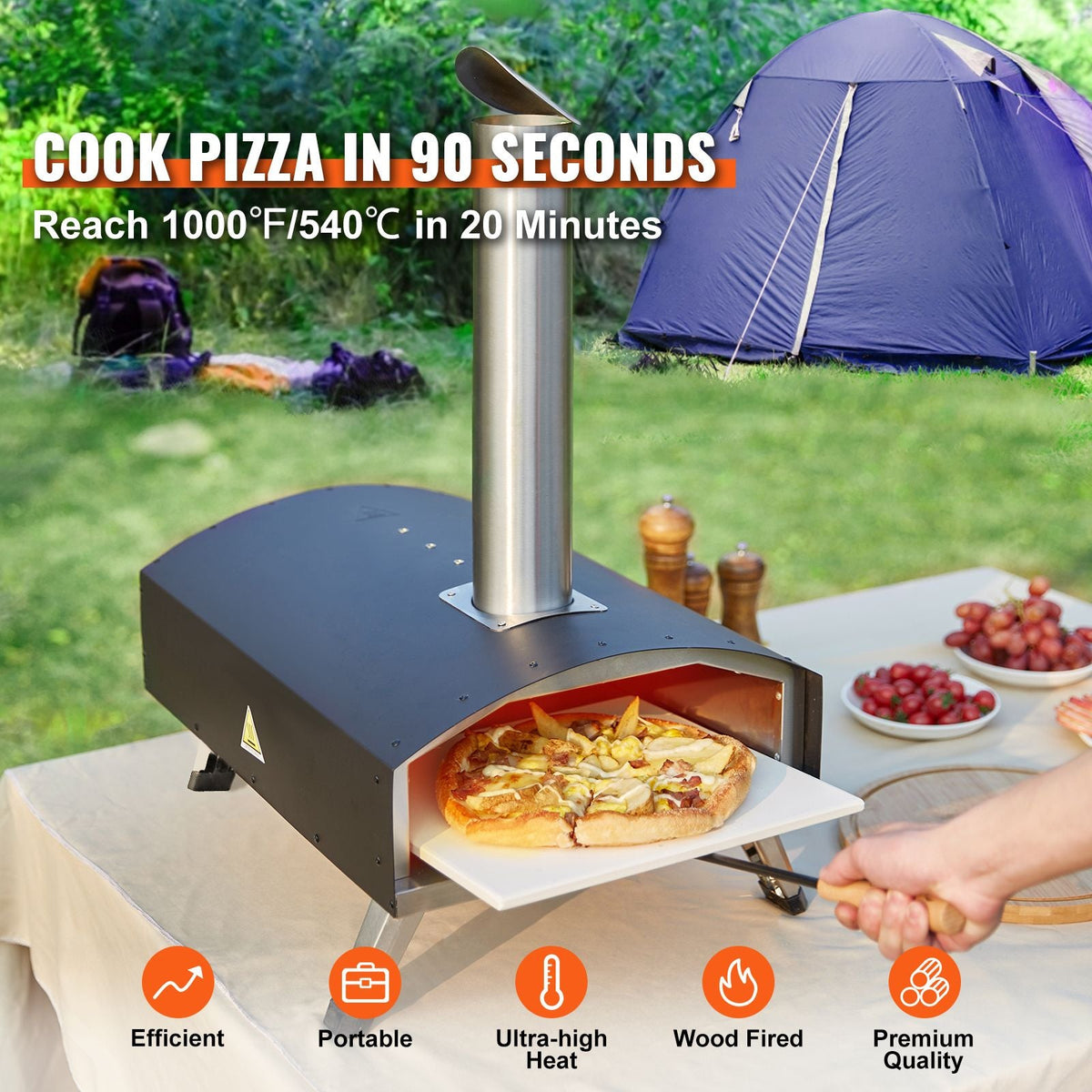 Outdoor Oven 12-inch Pellet and Charcoal Fired Maker, Portable Outside Stainless Steel Grill with Pizza Stone, Waterproof Cover, Shovel, Wood Burner for Backyard Camping, Black
