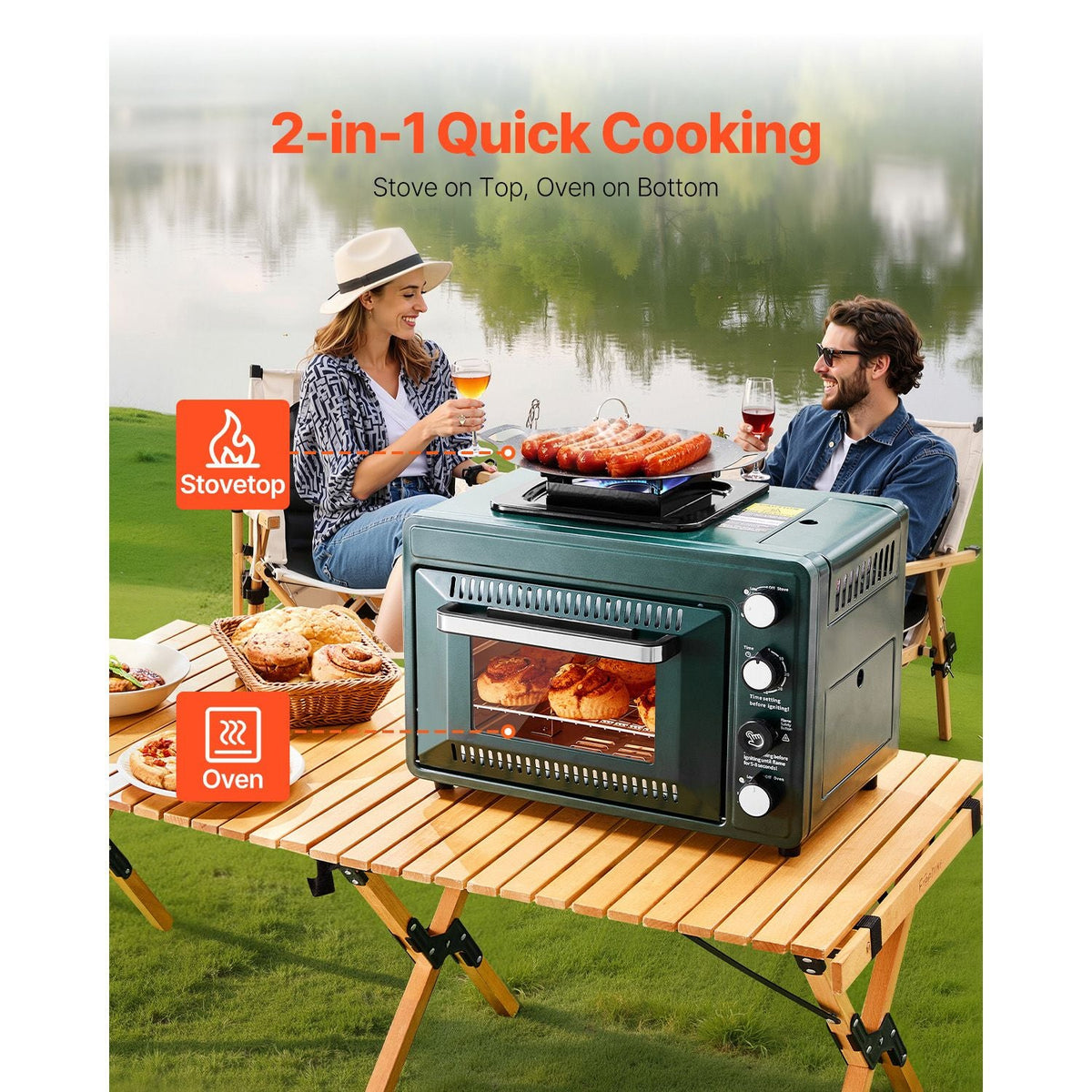 Outdoor Oven, 2-in-1 Portable Gas Camping Stove Oven Combo, Adjustable Fire, 60-Minute Timer, Windproof, with Grill Shelf and Roasting Tray, for Camping Gear Backyard Picnic Outdoor Cooking