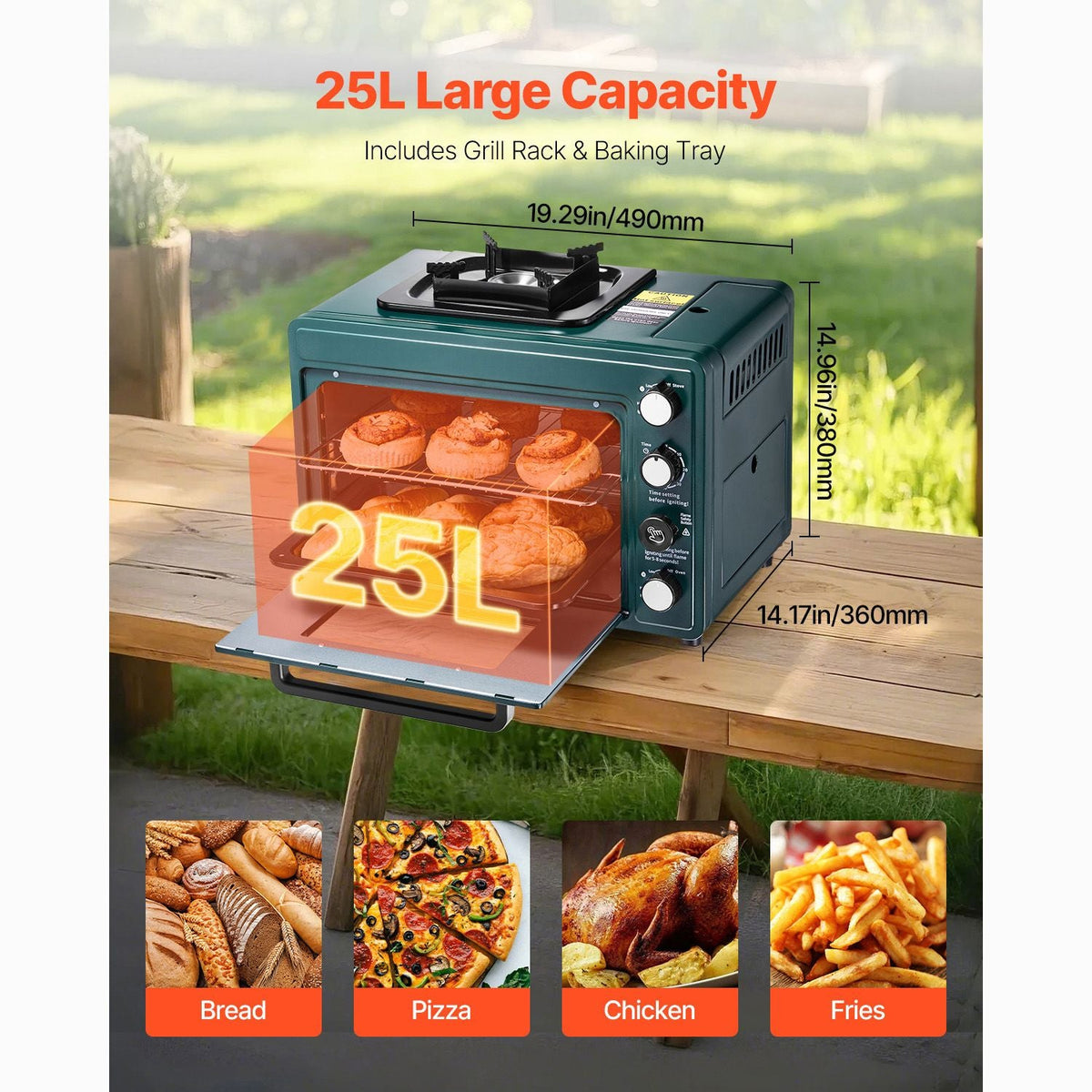 Outdoor Oven, 2-in-1 Portable Gas Camping Stove Oven Combo, Adjustable Fire, 60-Minute Timer, Windproof, with Grill Shelf and Roasting Tray, for Camping Gear Backyard Picnic Outdoor Cooking