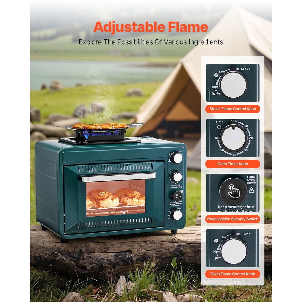 Outdoor Oven, 2-in-1 Portable Gas Camping Stove Oven Combo, Adjustable Fire, 60-Minute Timer, Windproof, with Grill Shelf and Roasting Tray, for Camping Gear Backyard Picnic Outdoor Cooking