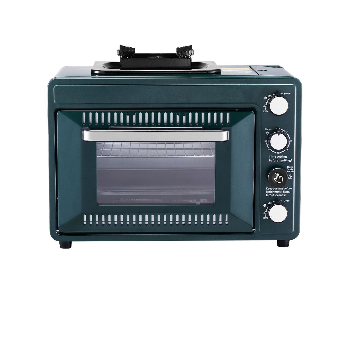 Outdoor Oven, 2-in-1 Portable Gas Camping Stove Oven Combo, Adjustable Fire, 60-Minute Timer, Windproof, with Grill Shelf and Roasting Tray, for Camping Gear Backyard Picnic Outdoor Cooking