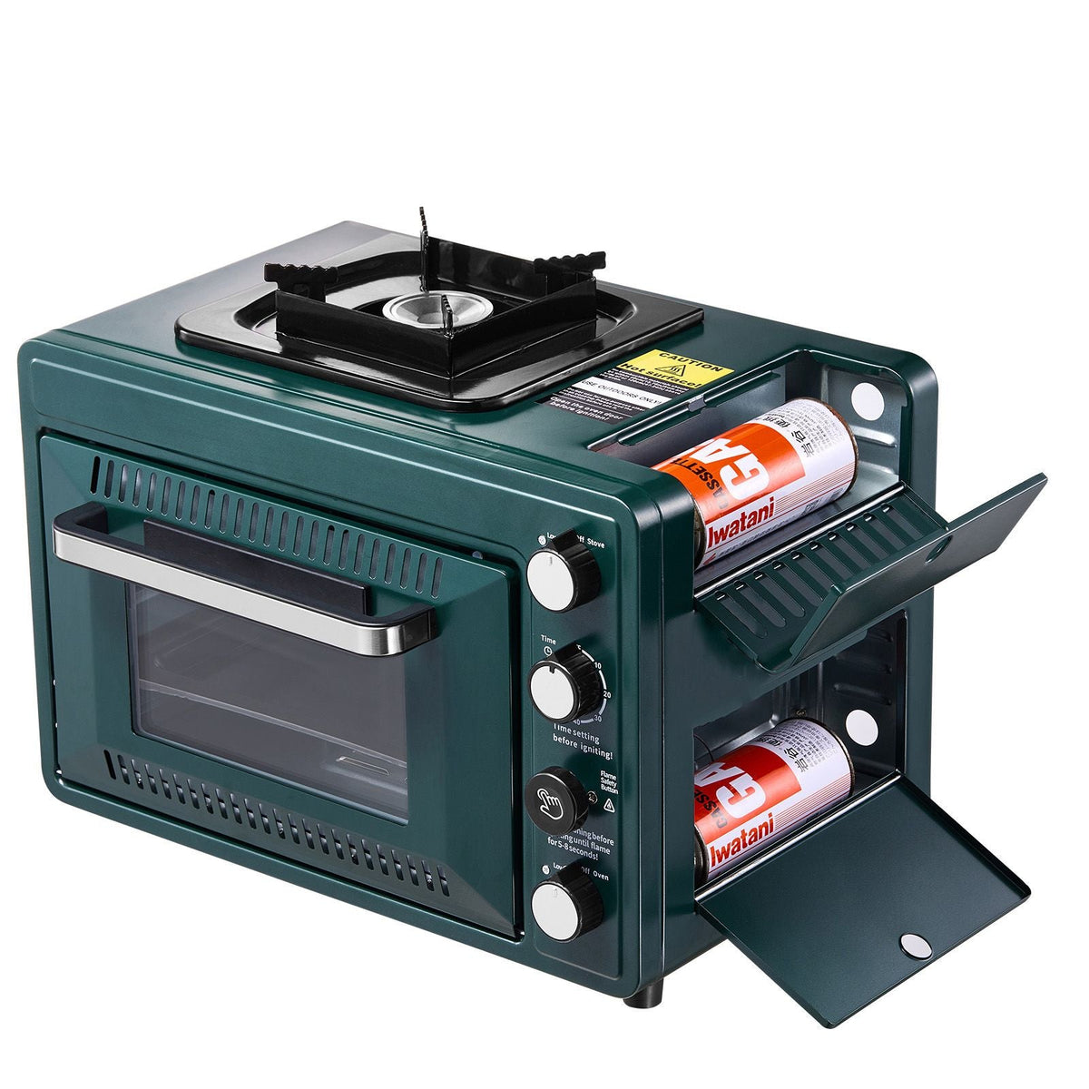 Outdoor Oven, 2-in-1 Portable Gas Camping Stove Oven Combo, Adjustable Fire, 60-Minute Timer, Windproof, with Grill Shelf and Roasting Tray, for Camping Gear Backyard Picnic Outdoor Cooking
