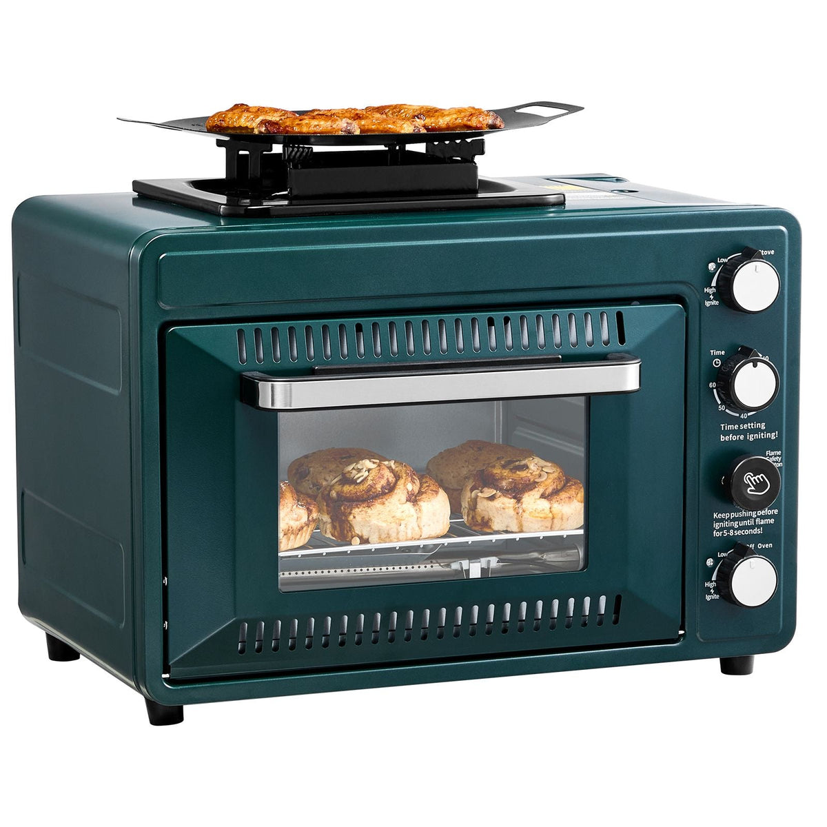 Outdoor Oven, 2-in-1 Portable Gas Camping Stove Oven Combo, Adjustable Fire, 60-Minute Timer, Windproof, with Grill Shelf and Roasting Tray, for Camping Gear Backyard Picnic Outdoor Cooking