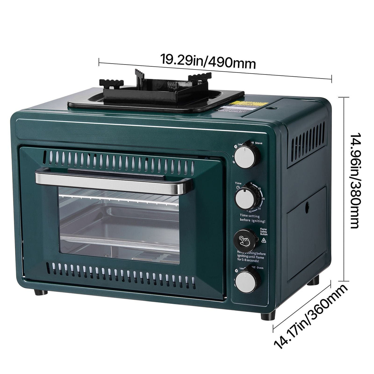 Outdoor Oven, 2-in-1 Portable Gas Camping Stove Oven Combo, Adjustable Fire, 60-Minute Timer, Windproof, with Grill Shelf and Roasting Tray, for Camping Gear Backyard Picnic Outdoor Cooking