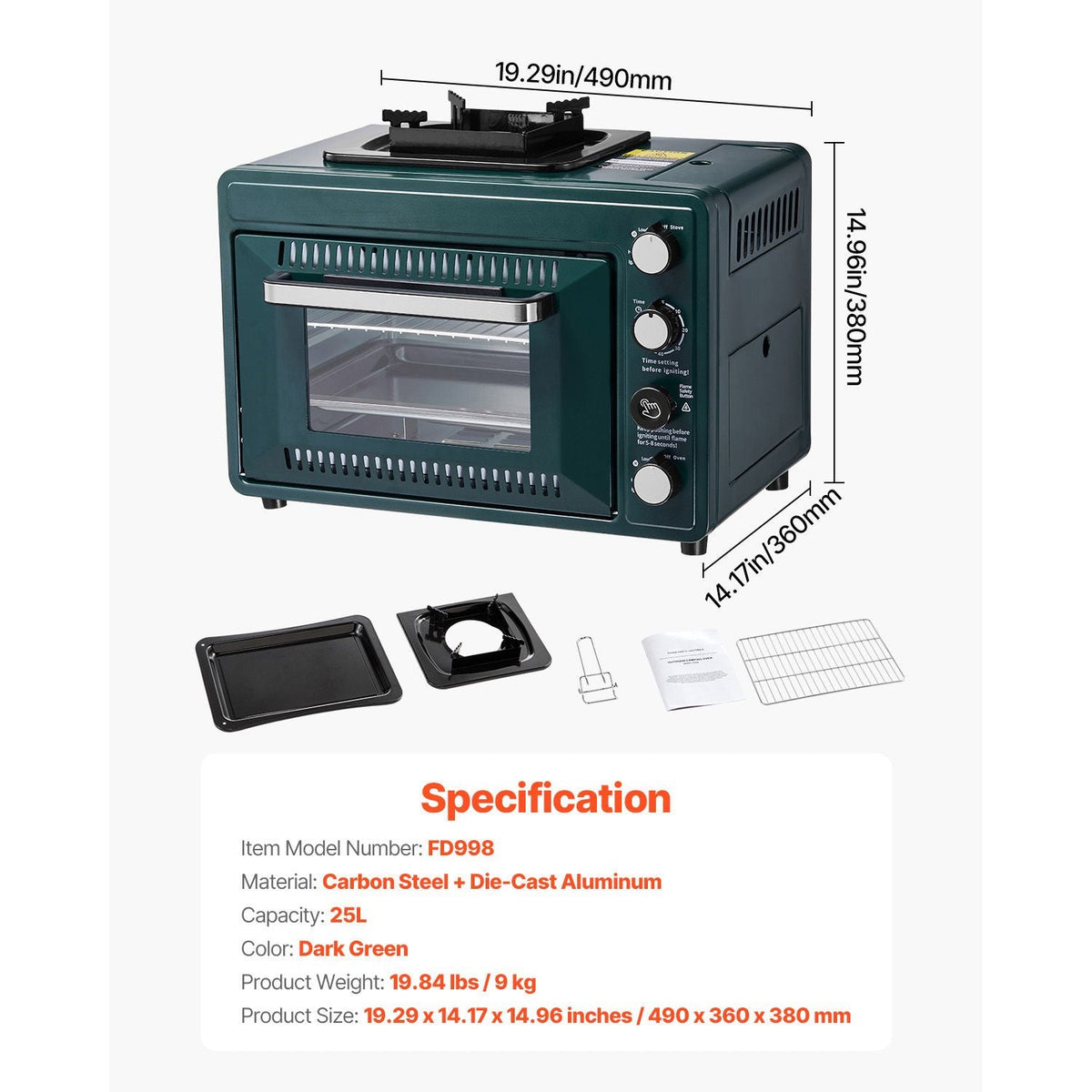 Outdoor Oven, 2-in-1 Portable Gas Camping Stove Oven Combo, Adjustable Fire, 60-Minute Timer, Windproof, with Grill Shelf and Roasting Tray, for Camping Gear Backyard Picnic Outdoor Cooking
