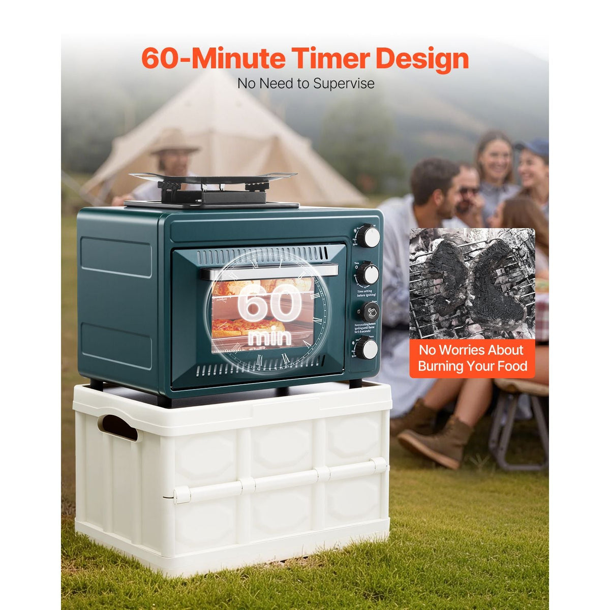 Outdoor Oven, 2-in-1 Portable Gas Camping Stove Oven Combo, Adjustable Fire, 60-Minute Timer, Windproof, with Grill Shelf and Roasting Tray, for Camping Gear Backyard Picnic Outdoor Cooking