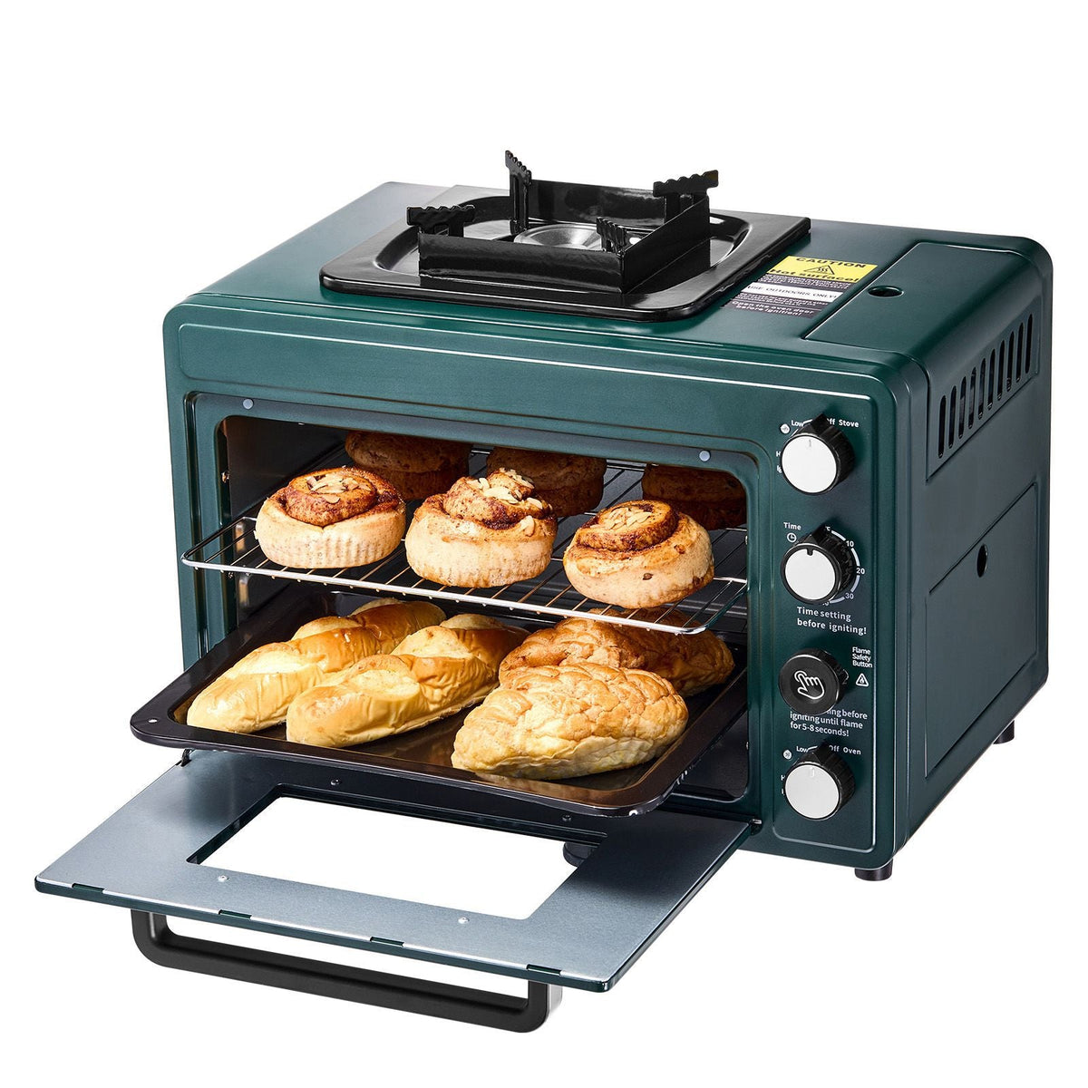 Outdoor Oven, 2-in-1 Portable Gas Camping Stove Oven Combo, Adjustable Fire, 60-Minute Timer, Windproof, with Grill Shelf and Roasting Tray, for Camping Gear Backyard Picnic Outdoor Cooking