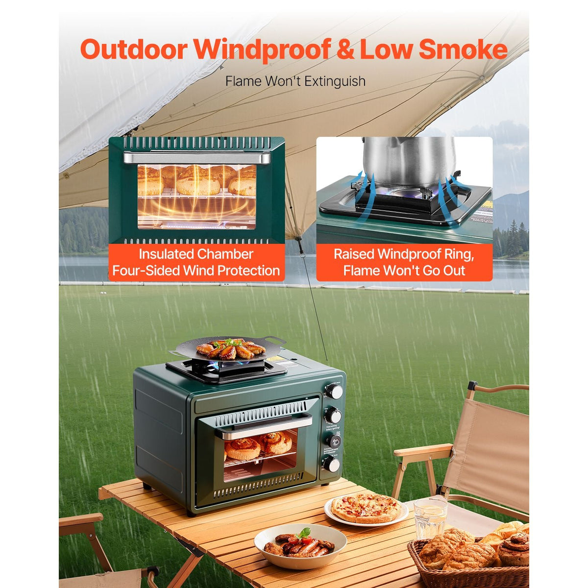 Outdoor Oven, 2-in-1 Portable Gas Camping Stove Oven Combo, Adjustable Fire, 60-Minute Timer, Windproof, with Grill Shelf and Roasting Tray, for Camping Gear Backyard Picnic Outdoor Cooking