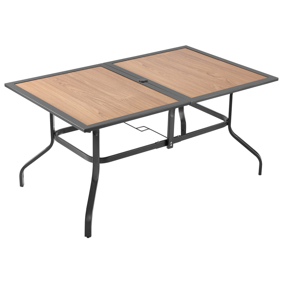 Outdoor Patio Dining Table, 59 inch Long Rectangular Wood-Like Steel Slat Backyard Bistro Tables for 4-6, with 1.5 in Umbrella Hole, All-Weather Large Furniture for Lawn Garden Porch, Brown